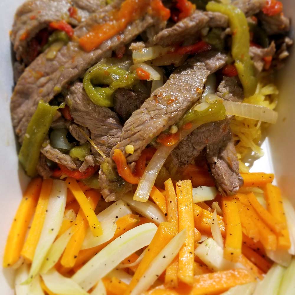 Beef fajitas with riced cauliflower rice roasted carrots